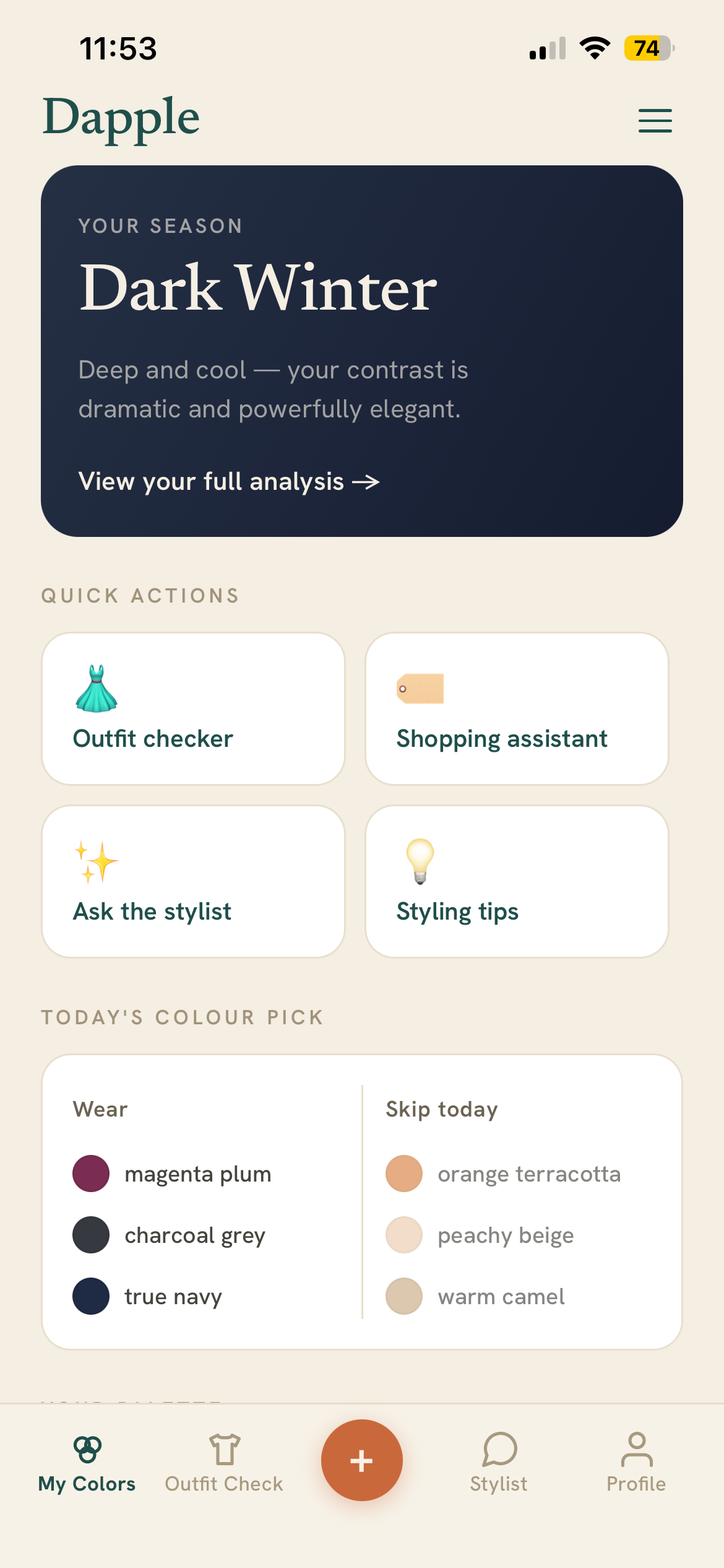 Dapple app showing a Dark Winter colour analysis result