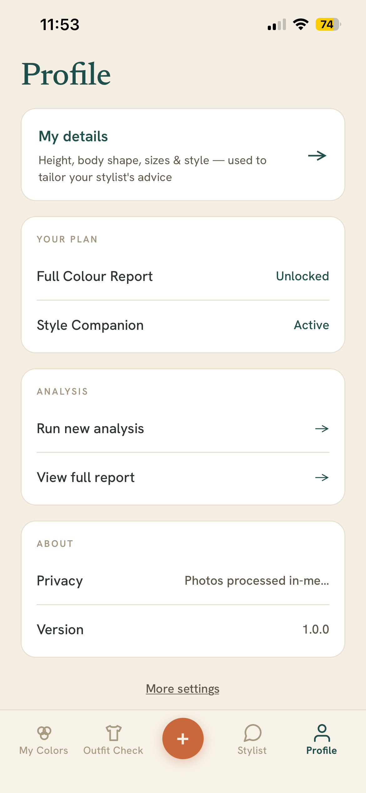 Dapple profile screen showing plan, analysis and privacy options
