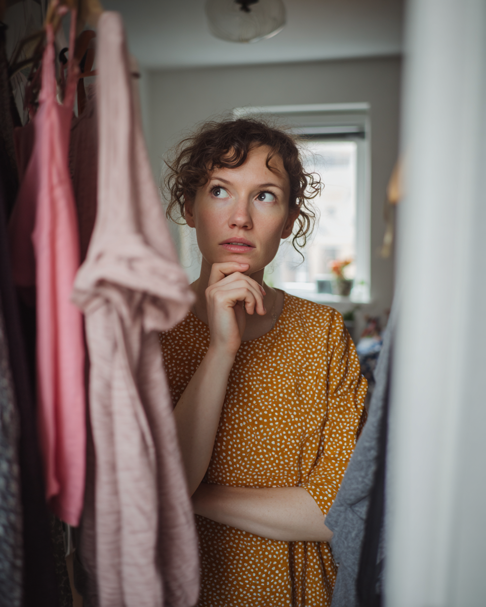 Woman standing at her wardrobe, looking thoughtful about what to wear